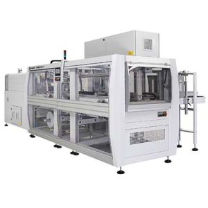 90° infeed automatic overlap shrink wrapper film + pad