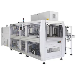 90° infeed automatic overlap shrink wrapper film + tray