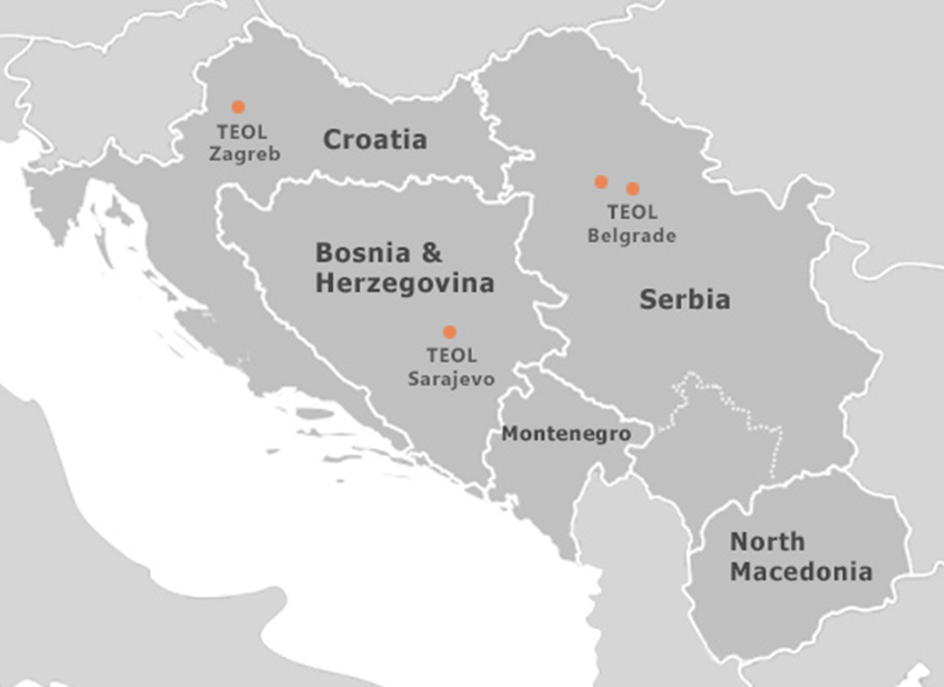 TEOL service region map — Belgrade, Zagreb, Sarajevo